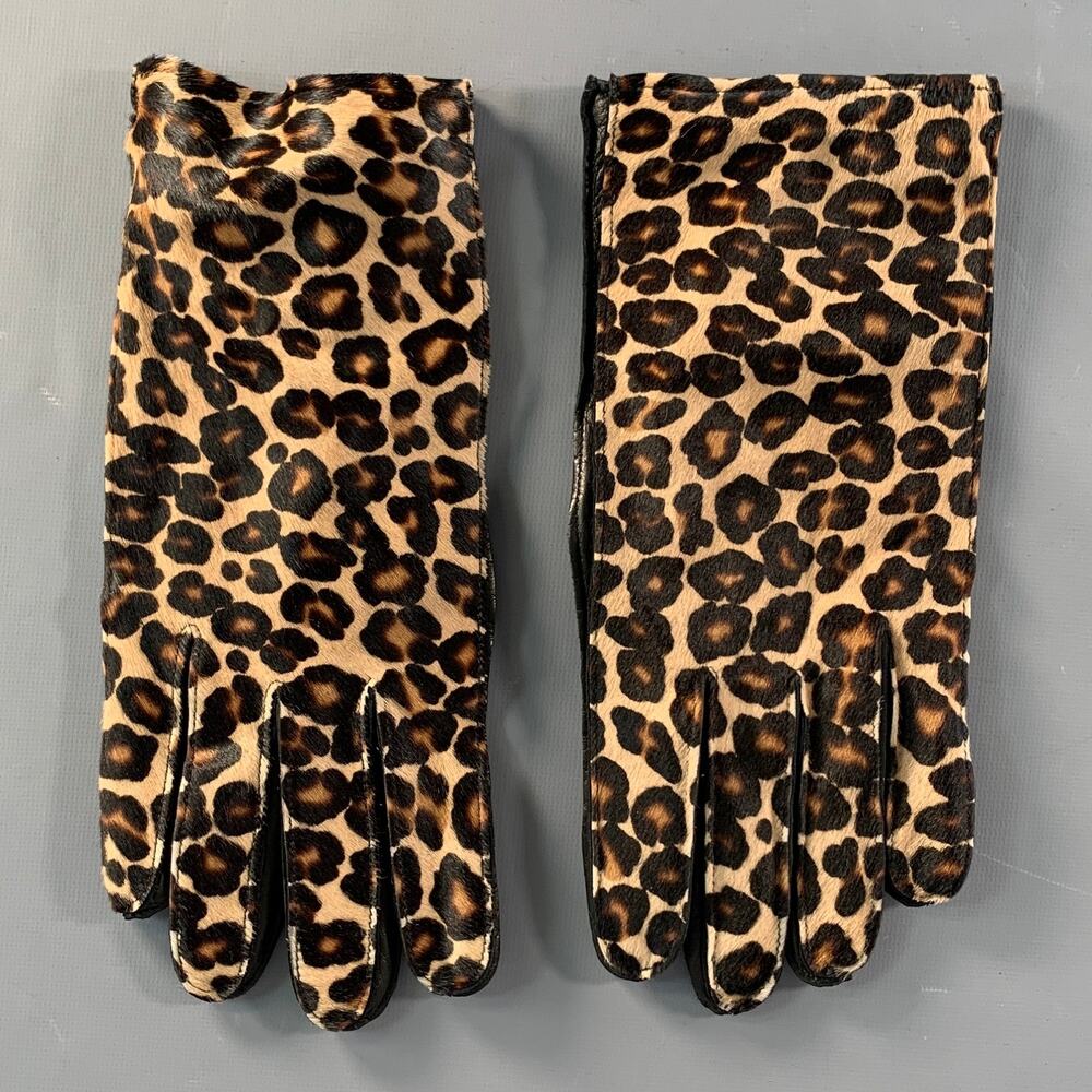 BURBERRY PRORSUM Size 8.5 Beige Brown & Black Animal Print Calf Hair Gloves